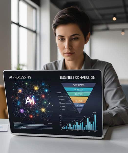 ai conversions Person analysing AI processing on laptop screen.