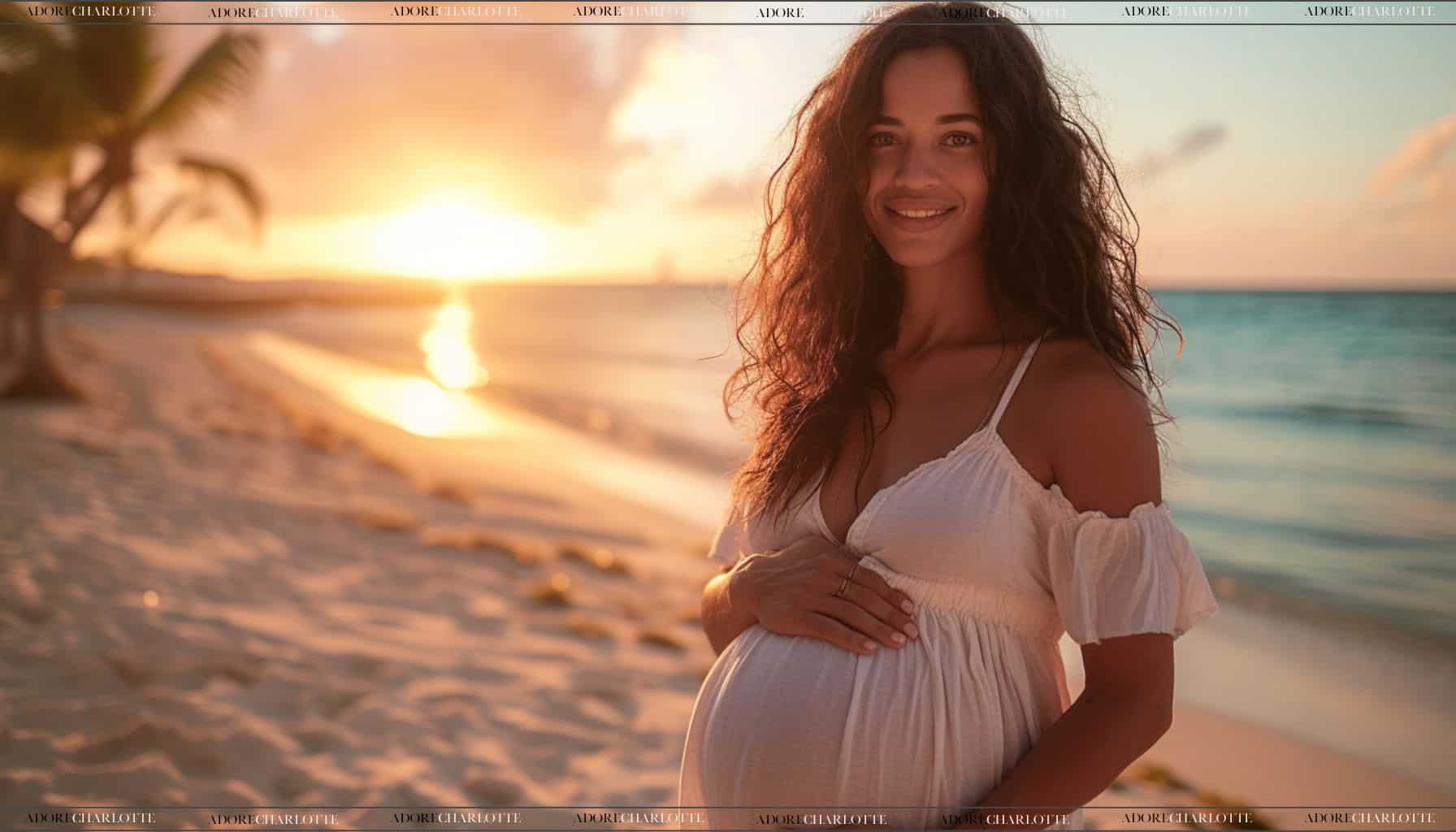 beautiful pregnant woman at sunset