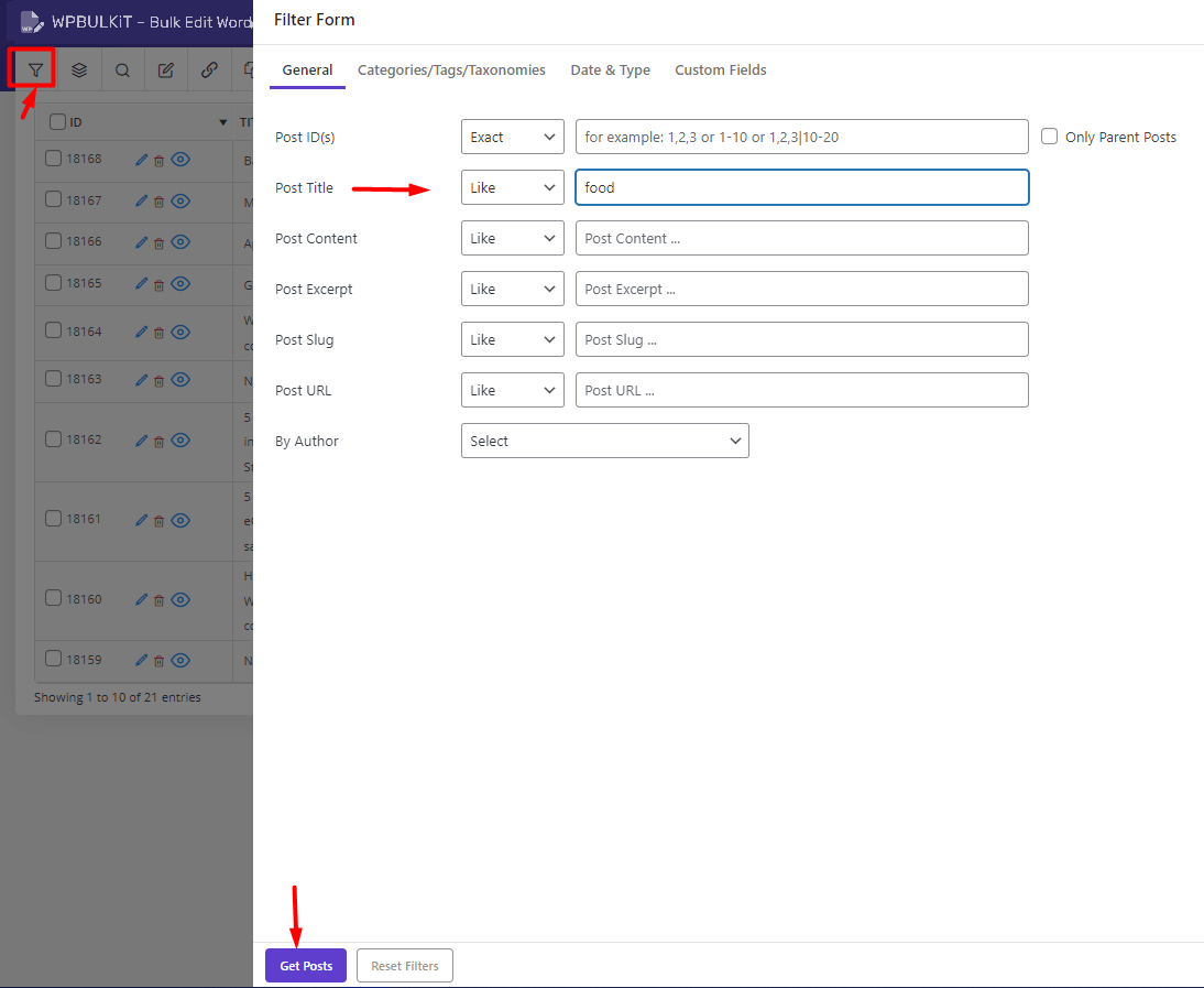 Filter WordPress posts in WordPress bulk edit plugin