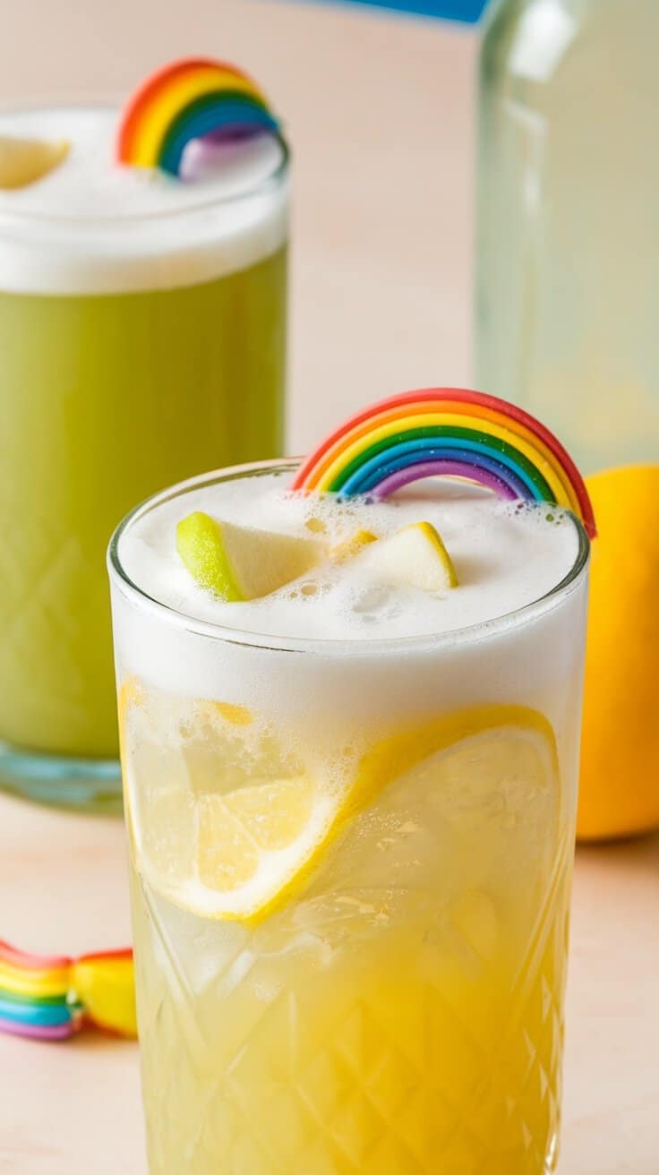 Two colorful drinks for St. Patrick's Day, one yellow with lemon slices and a rainbow straw, and one green drink in the background. Fun St. Patrick's Day Kids Drinks Ideas
