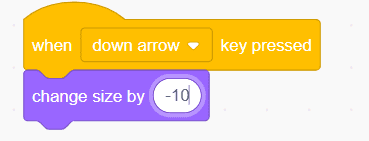 Scratch block — down arrow key decreases sprite size by -10 for interactive shrinking
