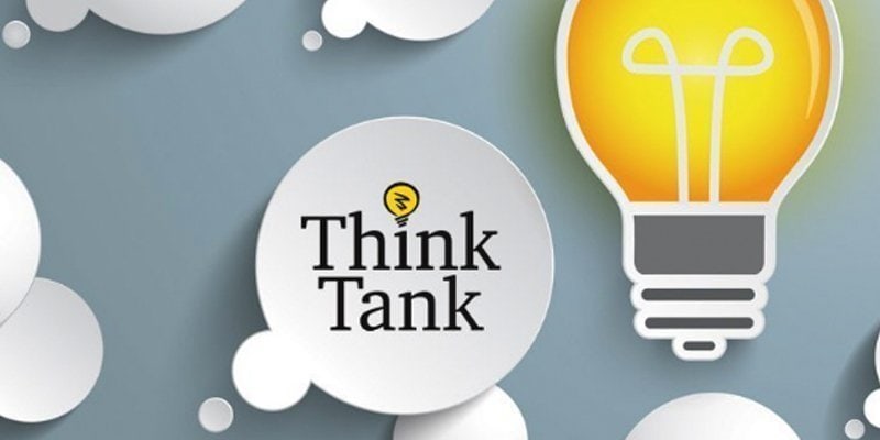 A creative image featuring a light bulb to the right, symbolizing ideas and innovation. On the left, circular speech bubbles contain the text "Think Tank" with a small yellow bulb icon, reinforcing the concept of brainstorming and collaborative thinking. The background is a neutral grey with a subtle gradient, making the elements stand out.