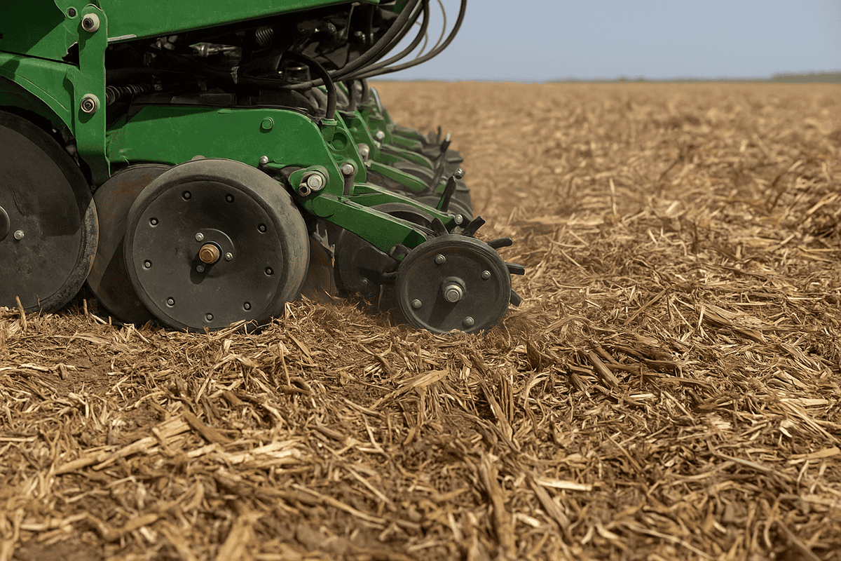 Close-up of planter closing wheels working through dry crop residue in a no-till field