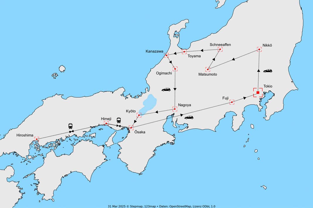 Karte einer 3-Wochen-Rundreise durch Japan