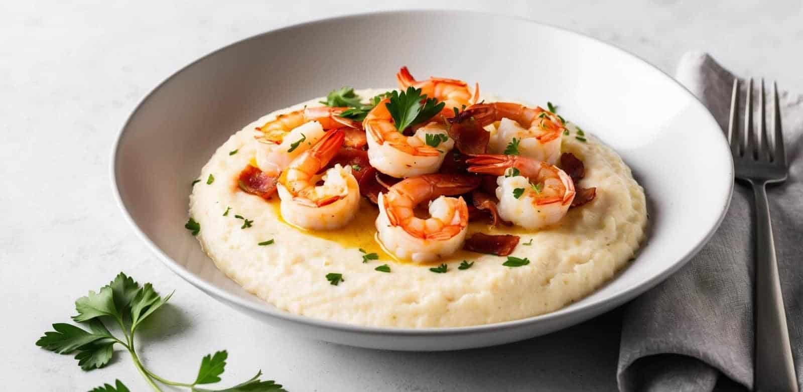 A bowl of creamy grits topped with succulent shrimp, chopped parsley, and crispy bacon pieces. A sprig of parsley and a grey napkin with a fork and knife are placed beside the bowl, making this grits recipe an irresistible delight.