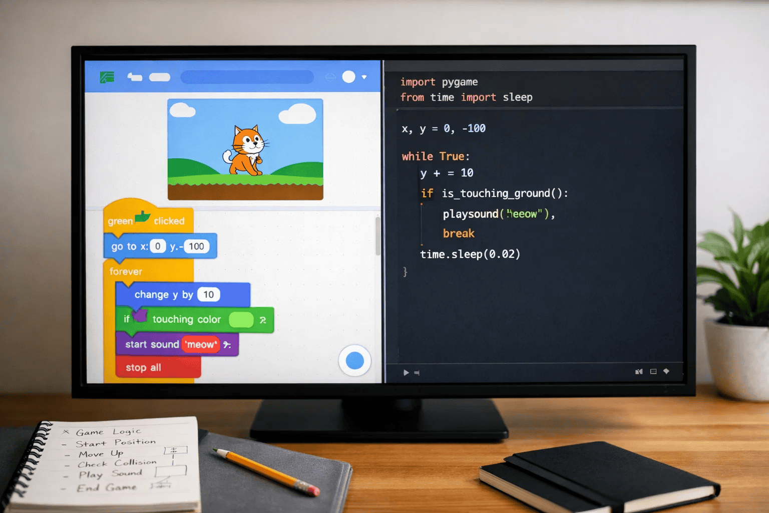 Side-by-side computer screen comparison showing same game programmed in visual Scratch blocks versus Python text code for kids learning progression