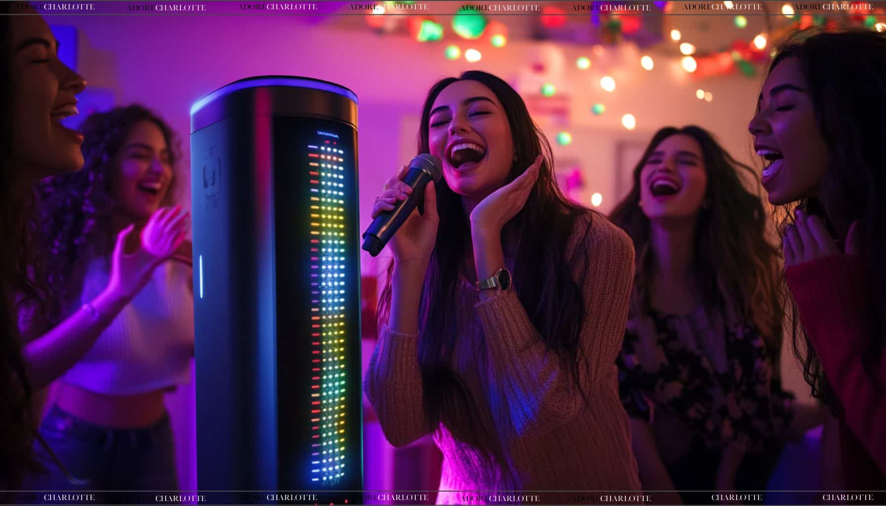 Beautiful women sining karaoke.