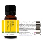 A 10ml amber glass bottle labeled German Chamomile 3% in Grapeseed Oil features a white and yellow design with dosage directions, warnings, barcode, and ingredients printed on the packaging.