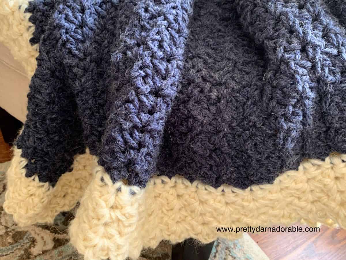 chunky crochet throw navy blue throw with cream lacey trim