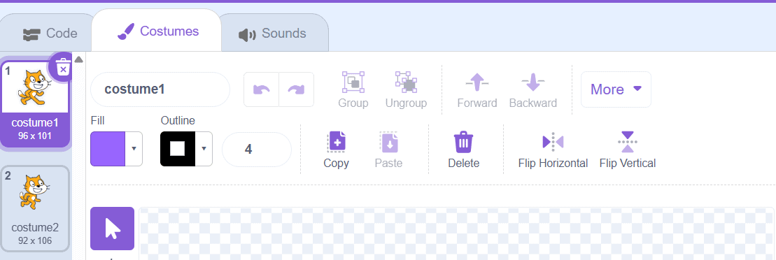 Scratch Costumes tab showing two Scratch Cat costumes — the foundation of frame-by-frame sprite animation