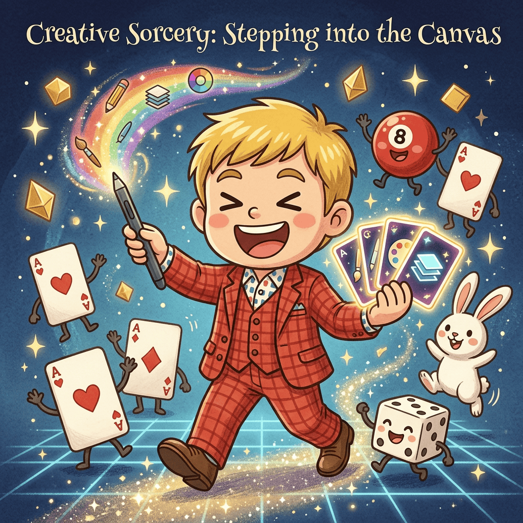 Adobe解約を決断!無料Affinityに乗り換えた3つの驚く理由【2026年版】 5 マジシャン×AIエージェント生活の未来へ踏み出す。ペンタブとトランプを持つチビキャラ風イラスト