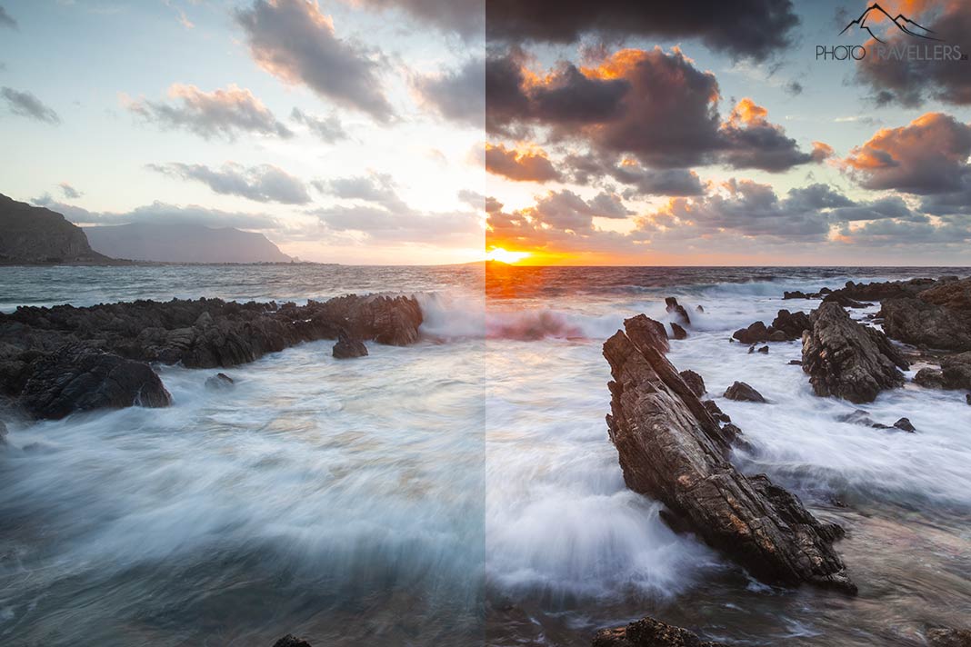 Felsen im Meer, dahinter die untergehende Sonne. Links ohne Bildbearbeitung, rechts mit Bildbearbeitung