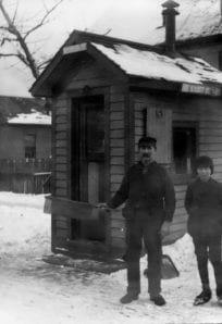 snow 1890 ph 1694 Tiny historical guardhouse in snow, Northern Indiana Historical Society.
