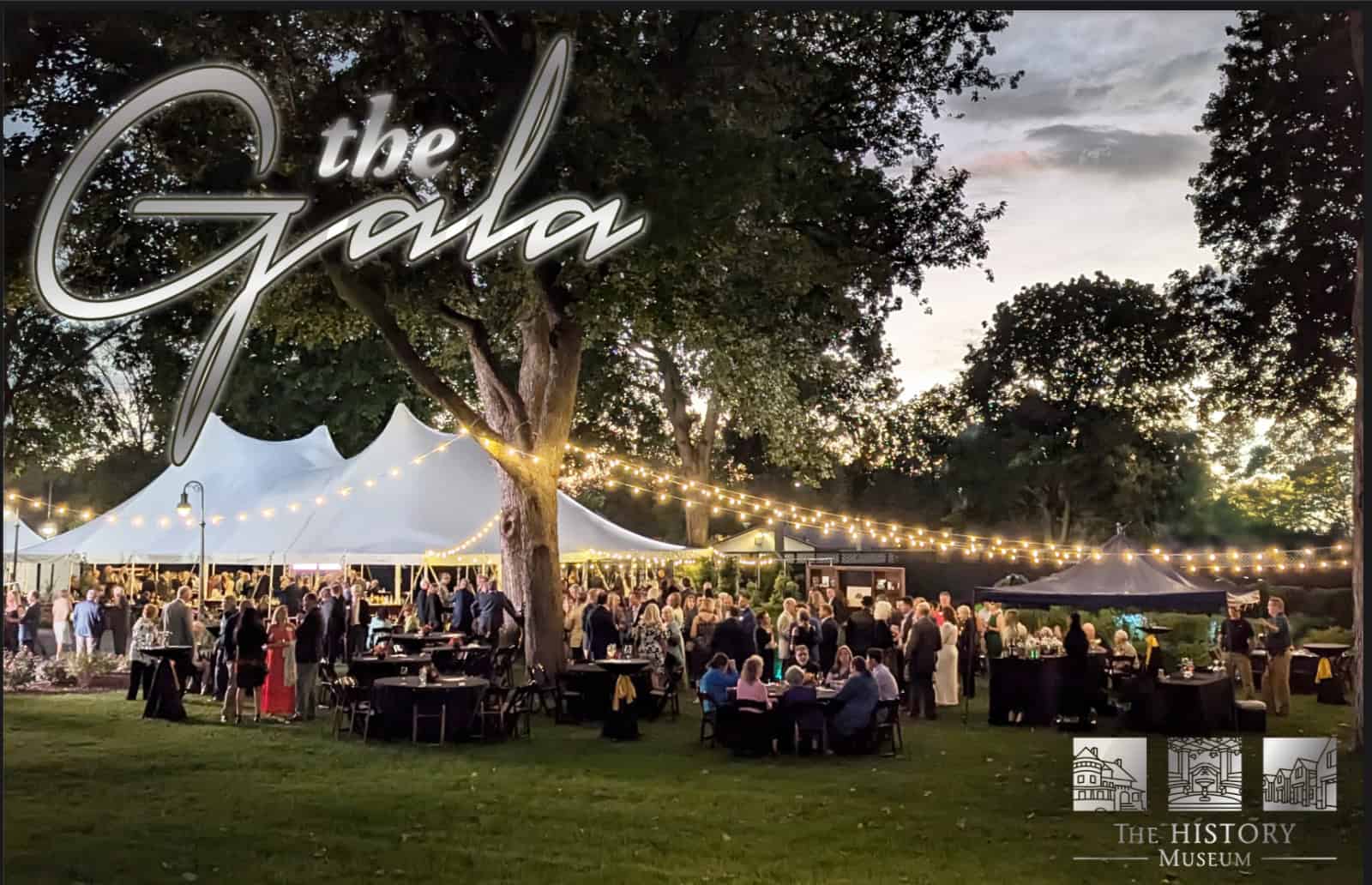 Cover invitation 2025 Landscape Elegant outdoor evening event at The History Museum with string lights and social gathering.