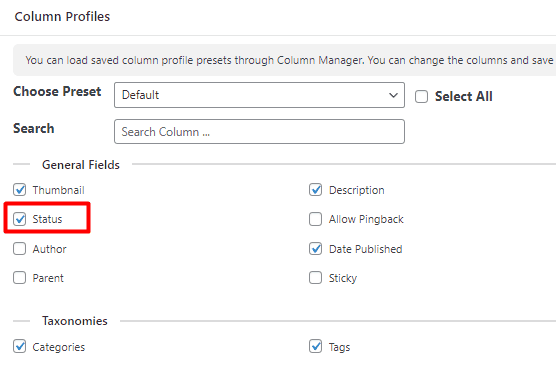 Select status column in the Column Profile form