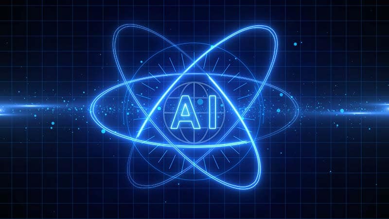 AI command manipulation concept with AI letters, circles, and particles