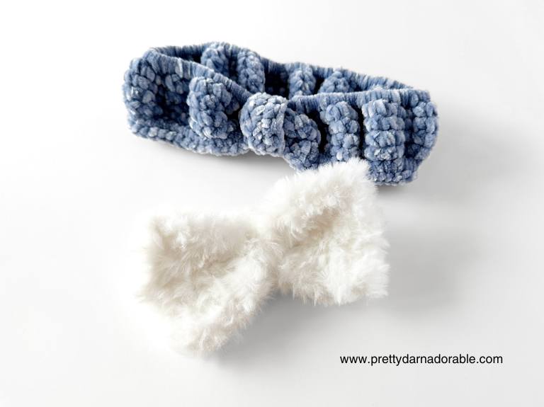 blue crochet spa headband with white fur bow