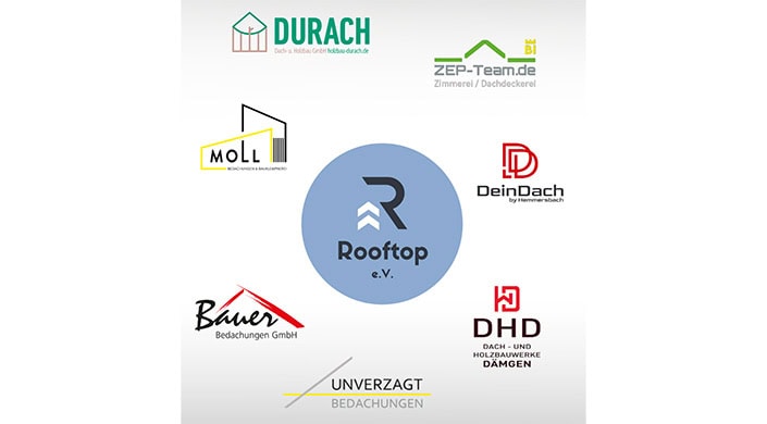 Mehrere Firmenlogos auf weißem Hintergrund, darunter ein rundes, blaues Logo mit dem Text „Rooftop e.V.“ und ein „R“ mit Dachsymbolen.