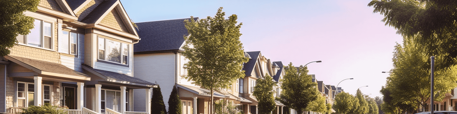 A suburban street lined with modern two-story houses, each boasting a small front garden and driveway. Trees are evenly spaced along the sidewalk, and several cars are parked on the street and driveways. The sky is clear with a faint hue of early evening light, perfect for the best locksmith in Mississauga to be on call.