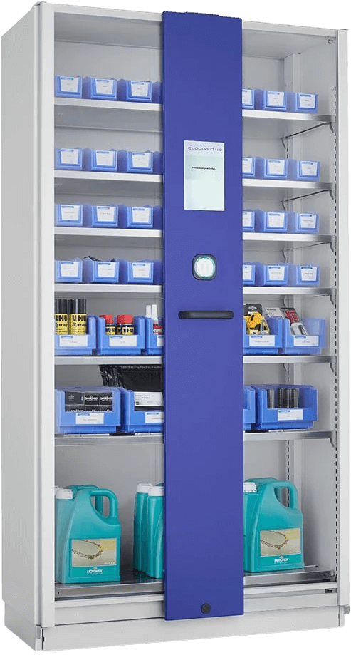 i.cupboard mit gefüllten, blauen Sichtlagerboxen