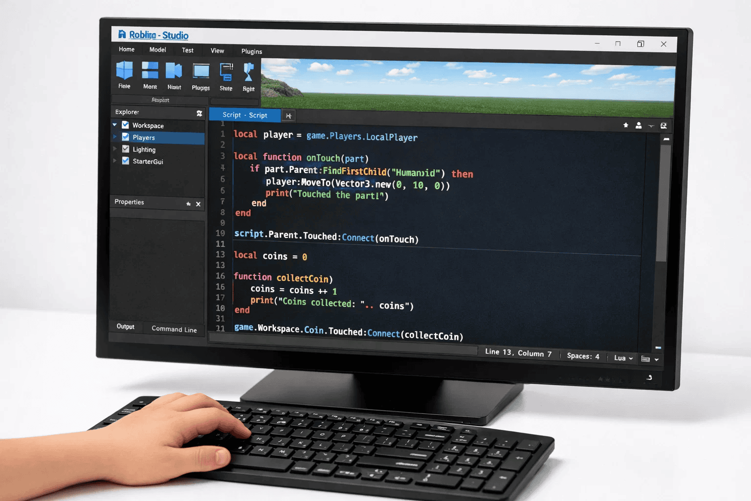Roblox Studio Lua script editor open on a monitor with colorful code syntax