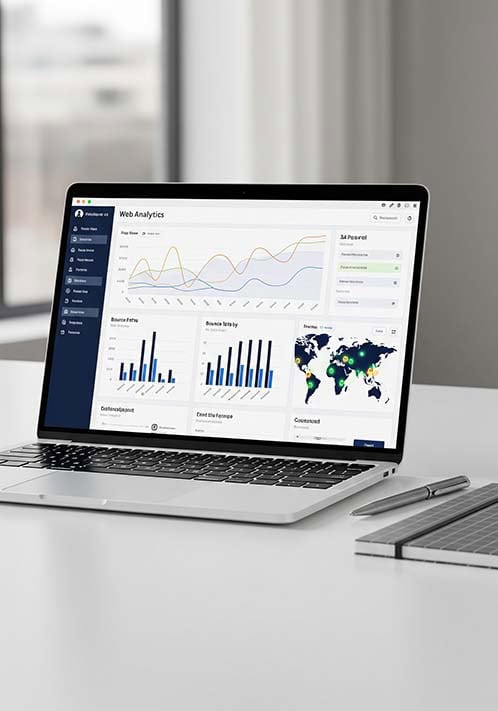 web analytics Laptop displaying web analytics dashboard on screen.