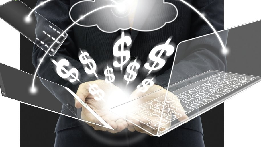 Graphic of electronics and dollar signs above a man's hands.