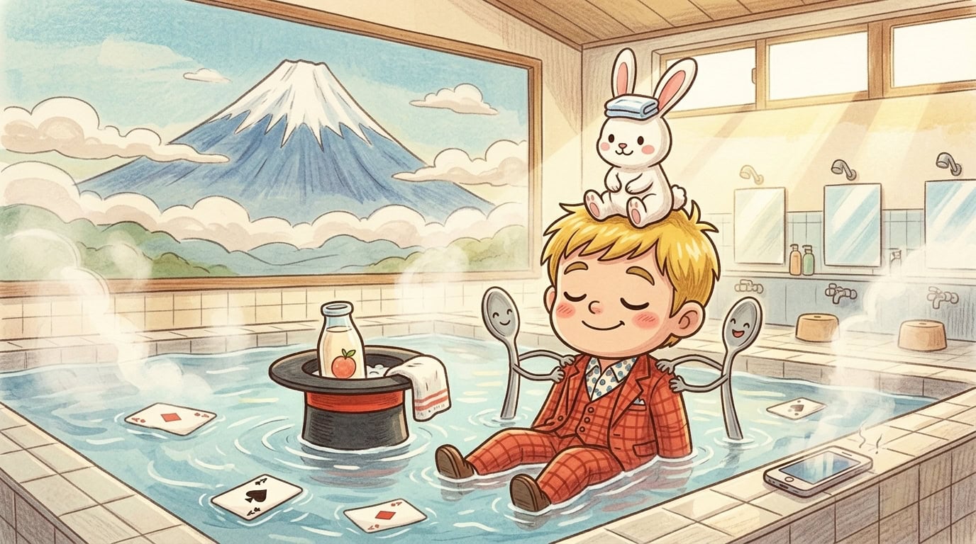 志の輔師匠の手紙に震えた!越中座終了とデジタルデトックスで気づいた3つのこと 3 銭湯でデジタルデトックスを楽しむマジシャンのチビキャラ風イラスト