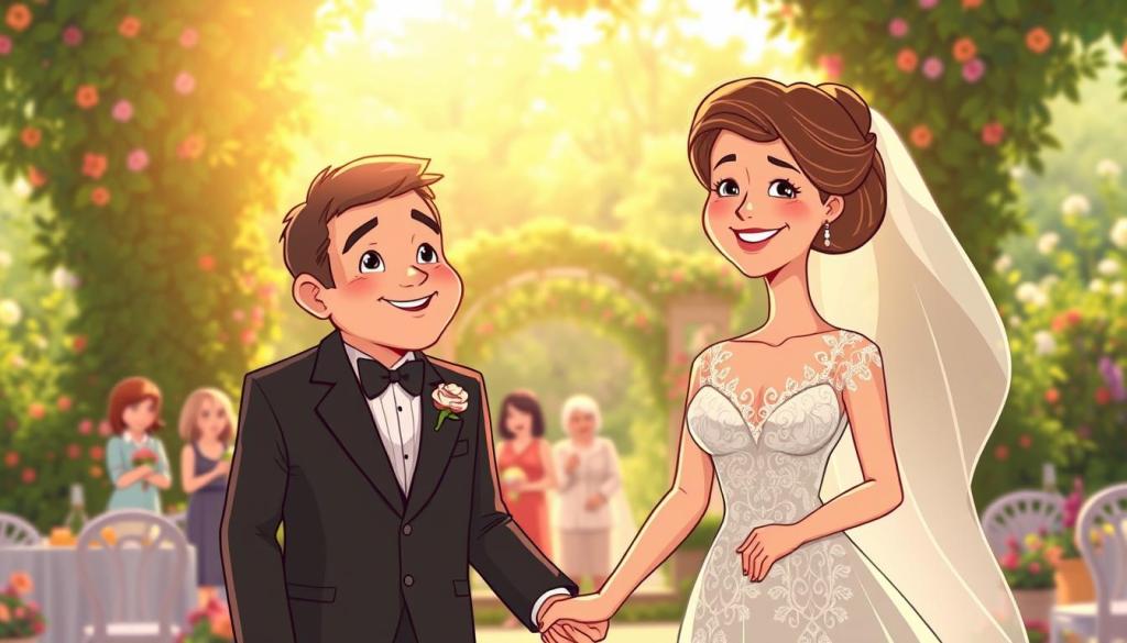 A warm, intimate wedding scene captures the joyful union of Tom Bierbaumer and Désirée Nosbusch. In the foreground, the radiant couple stand hand-in-hand, their eyes filled with love and happiness. Désirée's white lace gown flows gracefully, complemented by Tom's crisp black tuxedo. Soft, diffused lighting casts a romantic glow, creating a sense of timeless elegance. In the middle ground, a small gathering of close friends and family members smile and celebrate the special occasion. The background features a picturesque, sun-dappled garden, its vibrant greenery and colorful blooms framing the scene. An air of pure bliss and serenity permeates the image, capturing the essence of this cherished "Liebesgeschichte". A warm, intimate wedding scene captures the joyful union of Tom Bierbaumer and Désirée Nosbusch. In the foreground, the radiant couple stand hand-in-hand, their eyes filled with love and happiness. Désirée's white lace gown flows gracefully, complemented by Tom's crisp black tuxedo. Soft, diffused lighting casts a romantic glow, creating a sense of timeless elegance. In the middle ground, a small gathering of close friends and family members smile and celebrate the special occasion. The background features a picturesque, sun-dappled garden, its vibrant greenery and colorful blooms framing the scene. An air of pure bliss and serenity permeates the image, capturing the essence of this cherished "Liebesgeschichte".