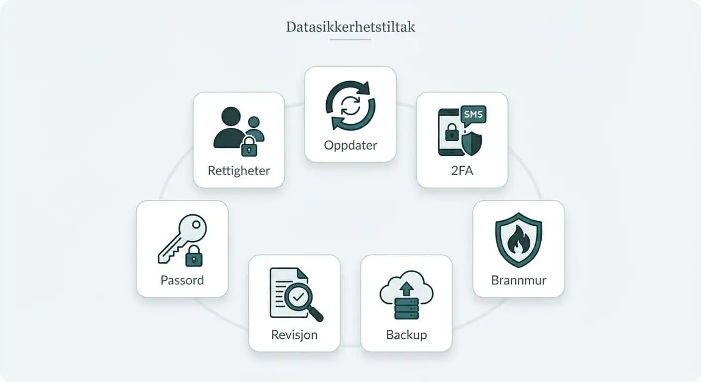 WordPress sikkerhet: 7 enkle tiltak som stopper hackere 2 7 WordPress sikkerhetstiltak — oppdater, 2FA, brannmur, backup, revisjon, passord og rettigheter