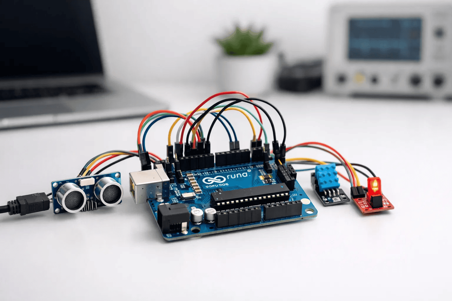 Arduino microcontroller demonstrating data processing component of basic IoT system with sensors and wiring for student projects