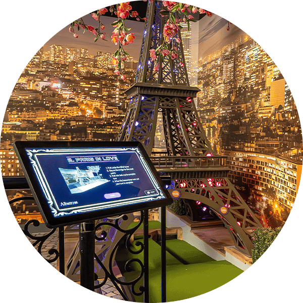 Eiffel Tower replica for unique mini-golf putting at Albatross NJ. Perfect for fun, photos, and chal.