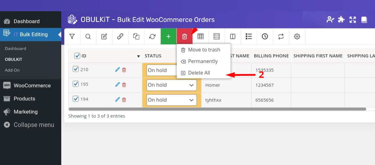 select trash and delete all in woocommerce order plugin