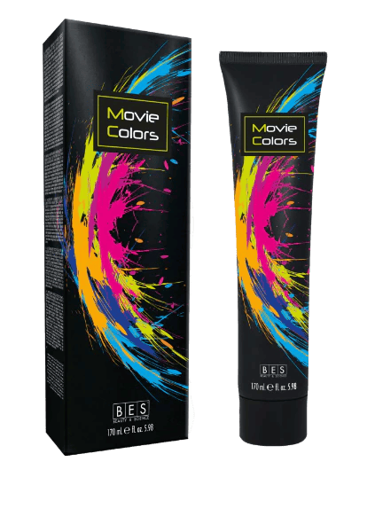 A tube and box of Movie Colors ML 170 hair color cream, both black with a colorful paint splash design and yellow text on the packaging.